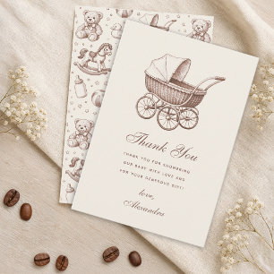 Vintage Baby Carriage Pram Brown Ivory Baby Shower Thank You Card