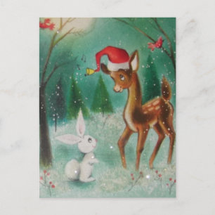 Vintage Baby Christmas Deer And Bunny Holiday Postcard