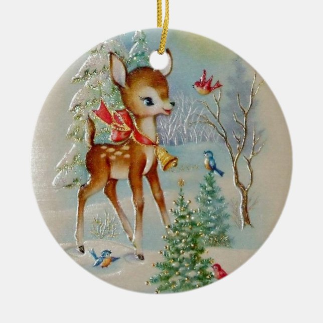 Vintage Baby Christmas Deer Ceramic Ornament (Front)