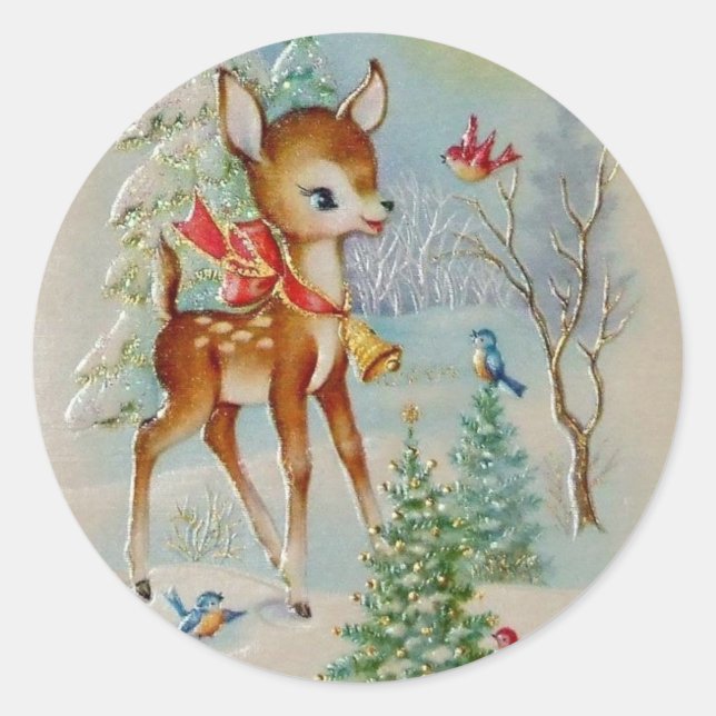Vintage Baby Christmas Deer Classic Round Sticker (Front)