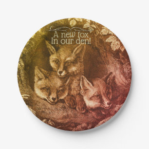 Vintage baby fox woodland brown baby shower paper plate