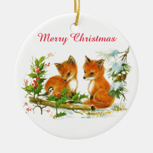 Vintage Baby Foxes Snow Holly Berries Christmas Ceramic Ornament