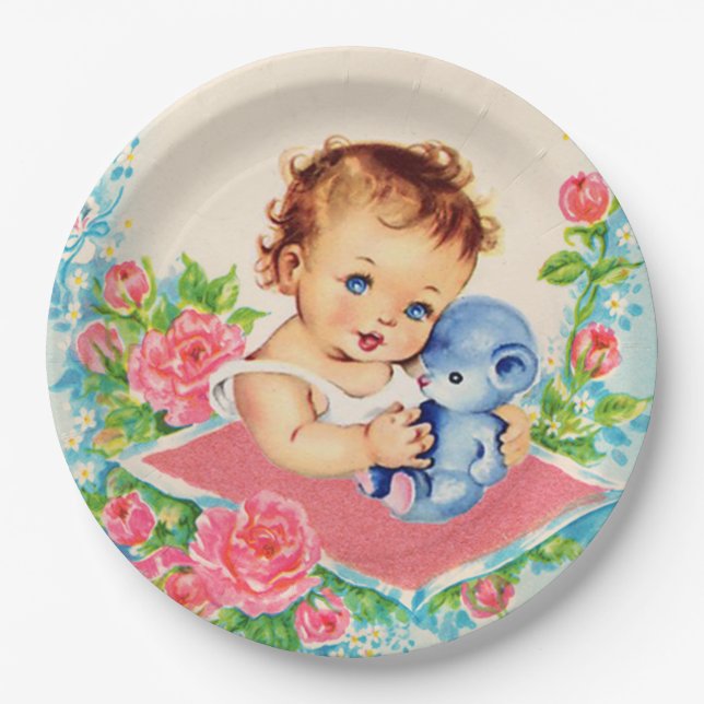 Vintage Baby Girl and Roses Baby Shower Plates (Front)