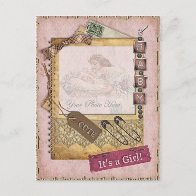 Vintage Baby Girl Arrival Announcement Photo (Front)