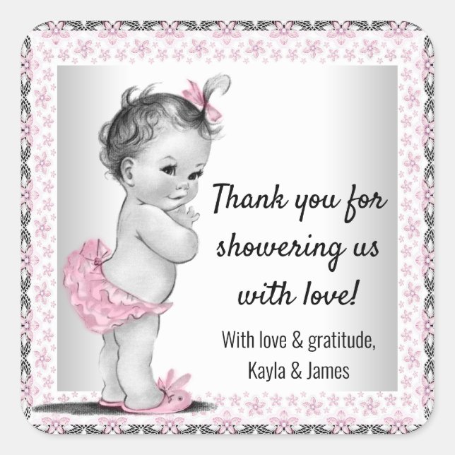 Vintage Baby Girl Baby Shower Favour Stickers (Front)