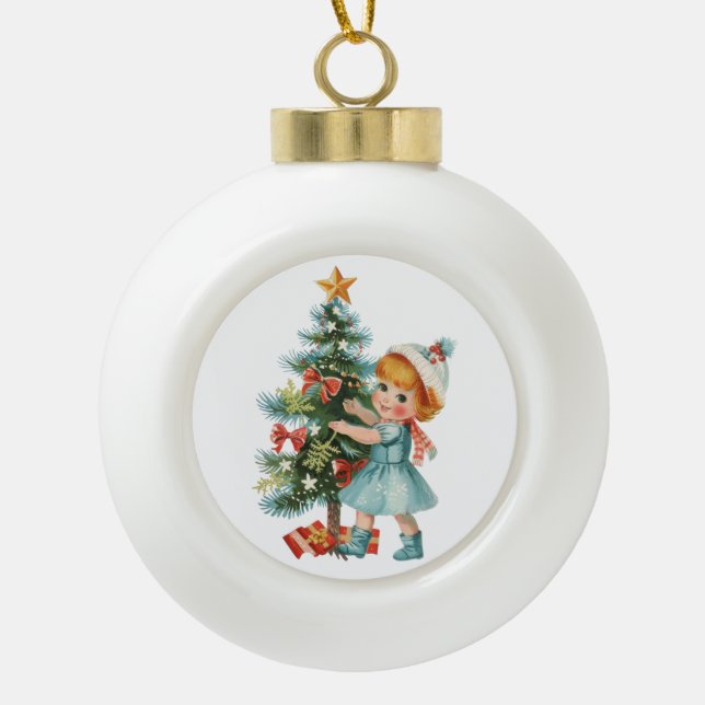 Vintage baby girl ceramic ball christmas ornament (Front)