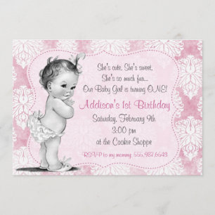 Vintage Baby Girl Chic Damask Birthday Invitation