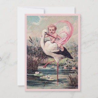 Vintage baby girl riding stork birth announcement