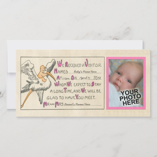 Vintage Baby Girl & Stork Birth Announcement Pink (Front)
