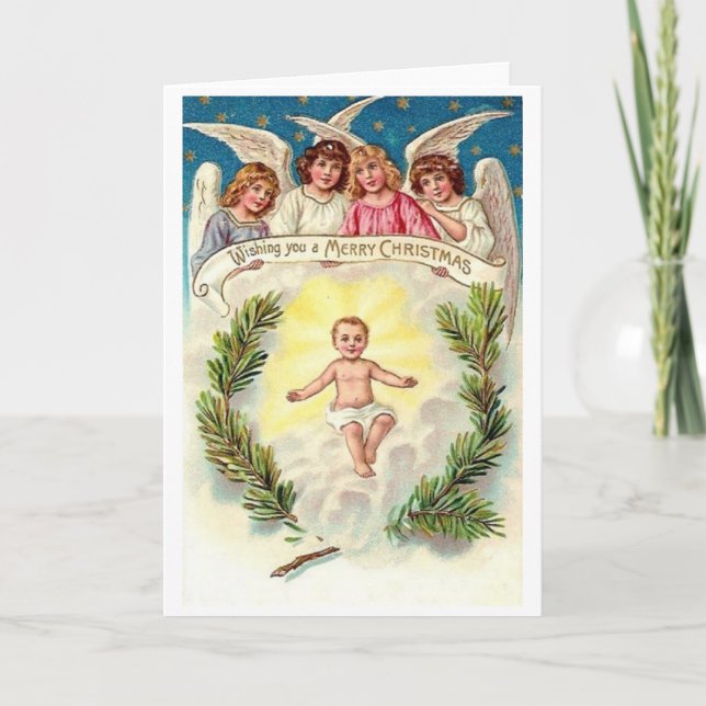 Vintage Baby Jesus and Angels Christmas Card (Front)