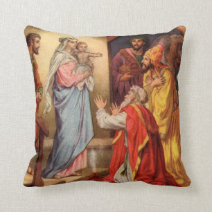 Vintage Baby Jesus and the 3 Kings Throw Pillow