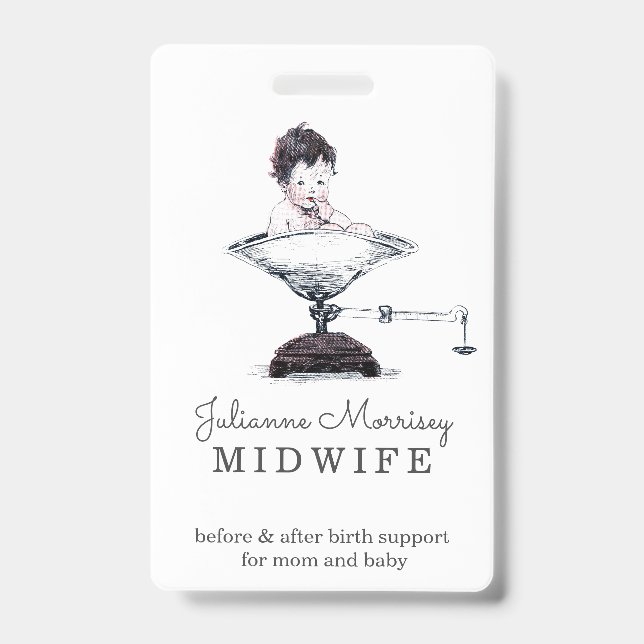 Vintage Baby On Scale Midwife Doula Badge (Front)