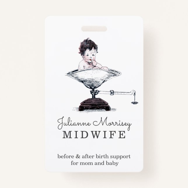 Vintage Baby On Scale Midwife Doula Badge (Back)