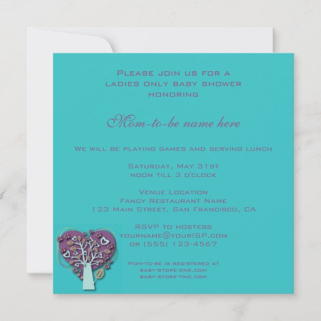 Vintage Baby Shower, Aqua Love Hearts Tree Invitation (Front)