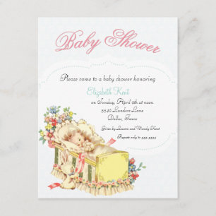 Vintage Baby Shower Baby inside Crib and Flowers Invitation