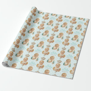 Vintage Baby Shower Boy Crown Blue Personalized Wrapping Paper