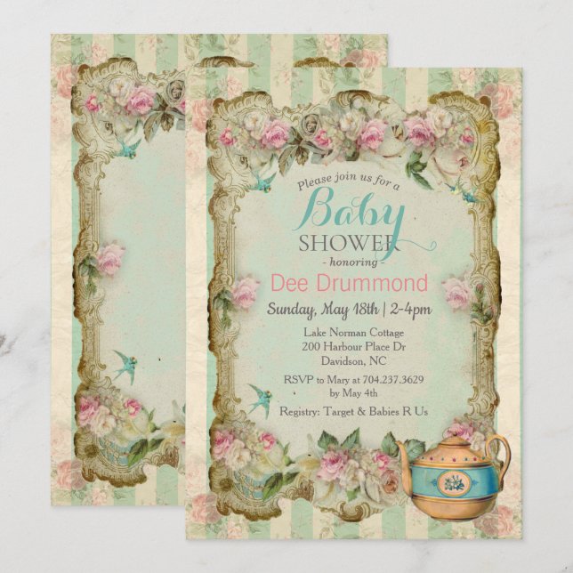 Vintage Baby Shower Floral Tea Invitation (Front/Back)