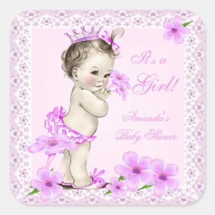 Vintage Baby Shower Girl Pretty Pink Floral Square Sticker