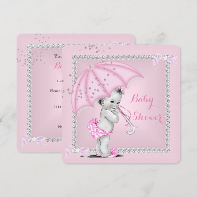 Vintage Baby Shower Girl Pretty Pink Umbrella Invitation (Front/Back)