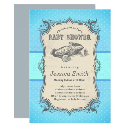 Vintage BABY SHOWER invitation - racing car