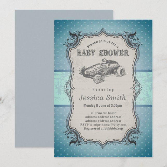 Vintage BABY SHOWER invitation - racing car (Front/Back)