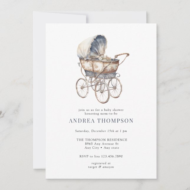 Vintage Baby Stroller | Classic Baby Shower Invita Invitation (Front)