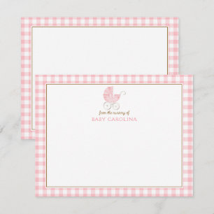 Vintage Baby Stroller Pink Gingham Baby Note Cards