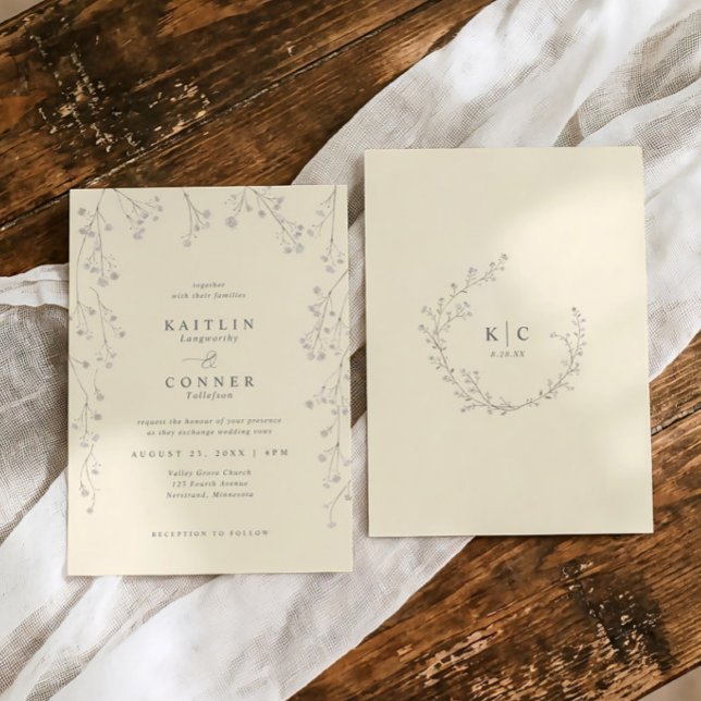 Vintage Baby's Breath Ivory Wildflower Wedding Invitation (Ivory wedding invite with soft cream baby’s breath and elegant botanical monogram wreath)