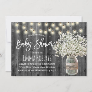 Vintage Baby's Breath Mason Jar Wood Baby Shower Invitation