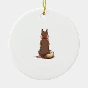 Vintage Back View Husky Dog Illustration Brown Whi Ceramic Ornament