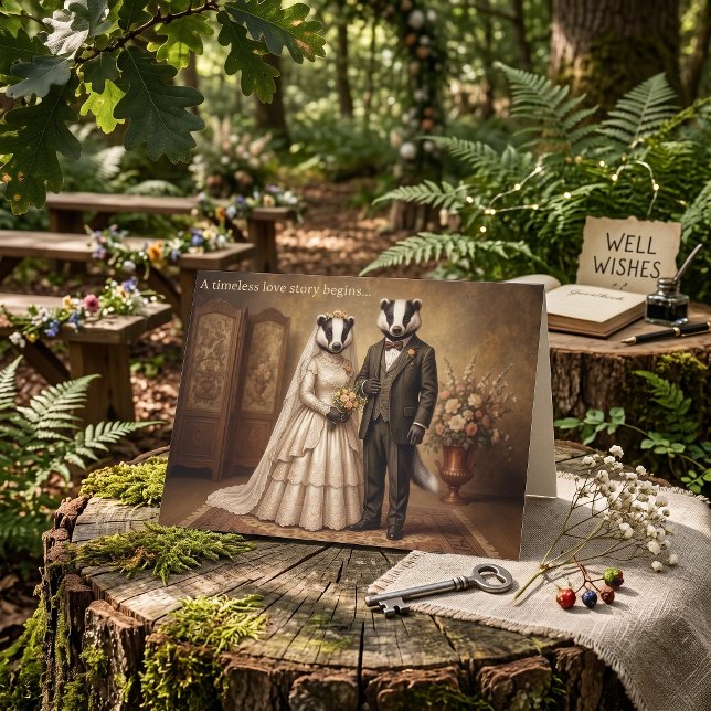 Vintage Badger Couple Wedding Congratulations Card (Vintage Victorian Badger Newlywed Wedding Day Congratulations Card for Cottagecore & dark academia)