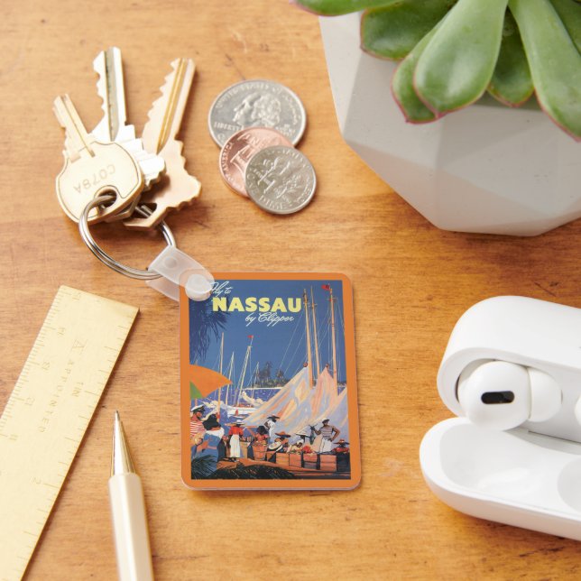 Vintage Bahamas Travel Art, Fly Nassau by Clipper  Keychain (Desk)