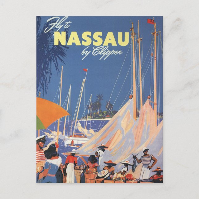 Vintage Bahamas Travel Art, Fly Nassau by Clipper  Postcard (Front)