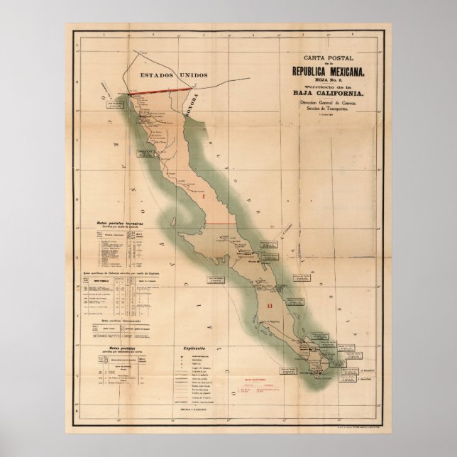 Vintage Baja California Postal Map (1904) Poster (Front)