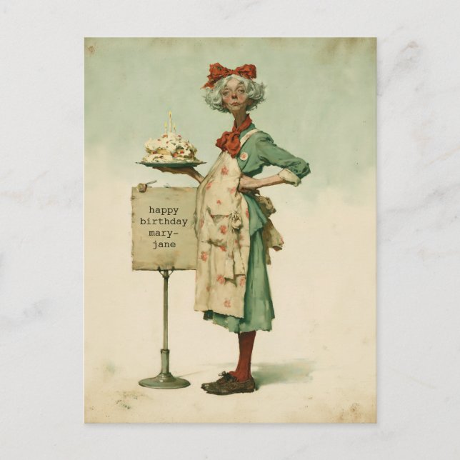 Vintage Baker with Birthday Cake Postcard (Front)