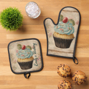 Vintage Bakery Pastry Chef Cupcake Baker  Baking Oven Mitt & Pot Holder Set