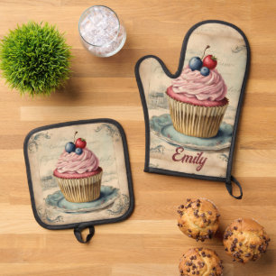 Vintage Bakery Pastry Chef Cupcake Baker  Baking Oven Mitt & Pot Holder Set