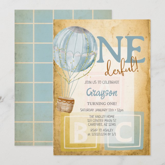 Vintage Balloon 1st Birthday Invitation (Front/Back)
