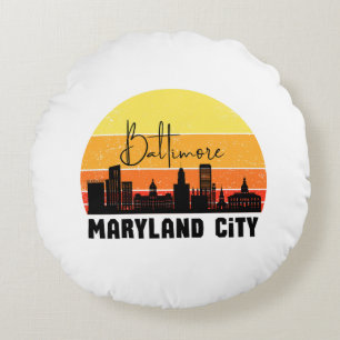 Vintage Baltimore Skyline Round Pillow