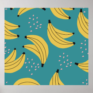 Vintage banana pattern, blue background. poster