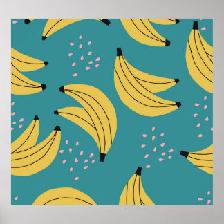 Vintage banana pattern, blue background. poster
