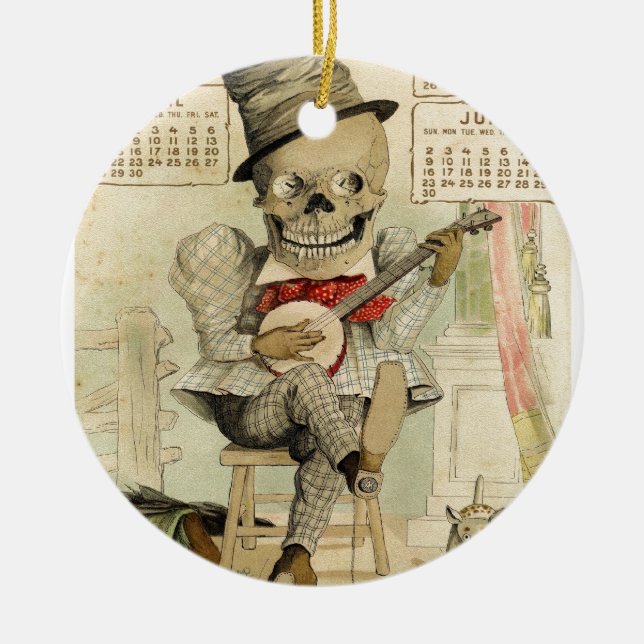 Vintage Banjo Playing Skeleton Ceramic Ornament (Front)