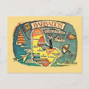 Vintage Barbados Illustrated Map Postcard