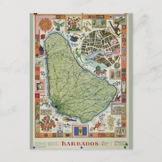 Vintage Barbados Island Map Postcard (Front)