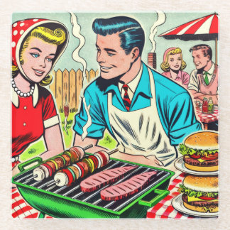 Vintage Barbecue Couple Comics Glass Coaster
