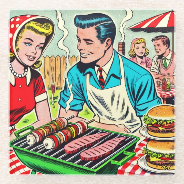 Vintage Barbecue Couple Comics Glass Coaster (Front)