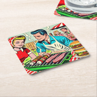 Vintage Barbecue Couple Comics Square Paper Coaster
