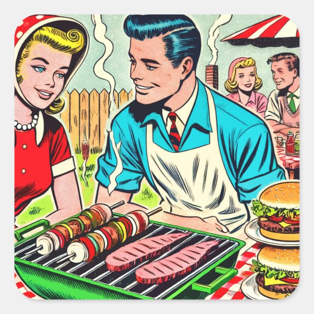 Vintage Barbecue Couple Comics Square Sticker (Front)