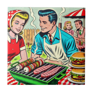 Vintage Barbecue Couple Comics Tile