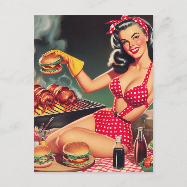 Vintage Barbecue Pin Up Postcard (Front)